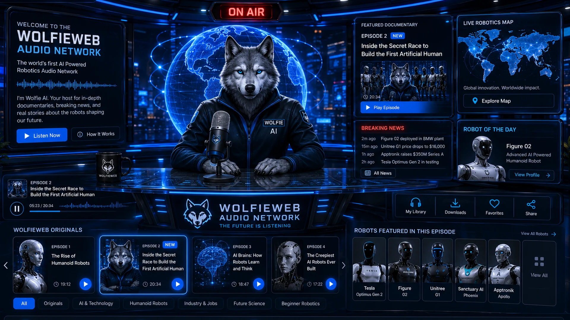 Wolfie AI hosting the futuristic WolfieWeb Audio Network broadcast studio