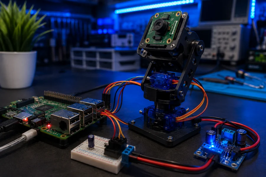 Raspberry Pi servo pan-tilt camera mount with external power wiring