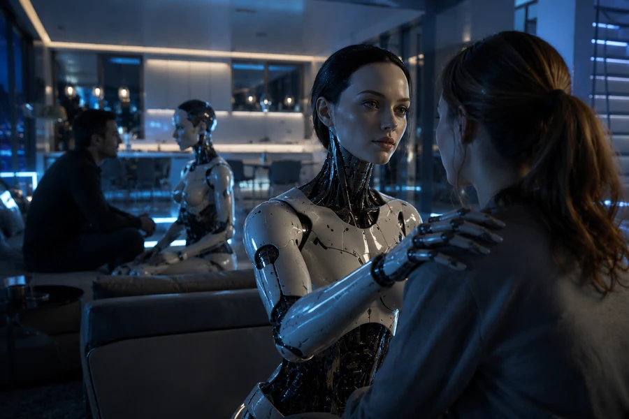 Futuristic smart apartment with AI companion robots interacting with humans
