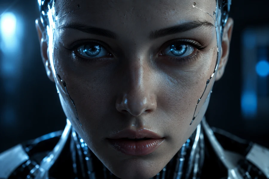 Extreme close-up of a humanoid AI robot making direct eye contact