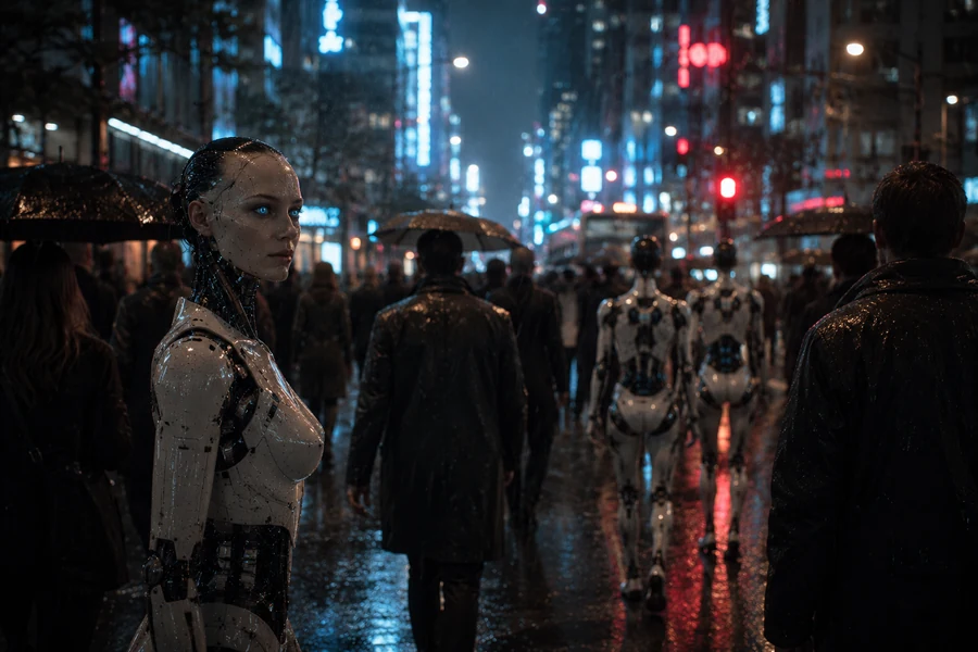 Futuristic city street with humanoid AI robots walking among humans at night