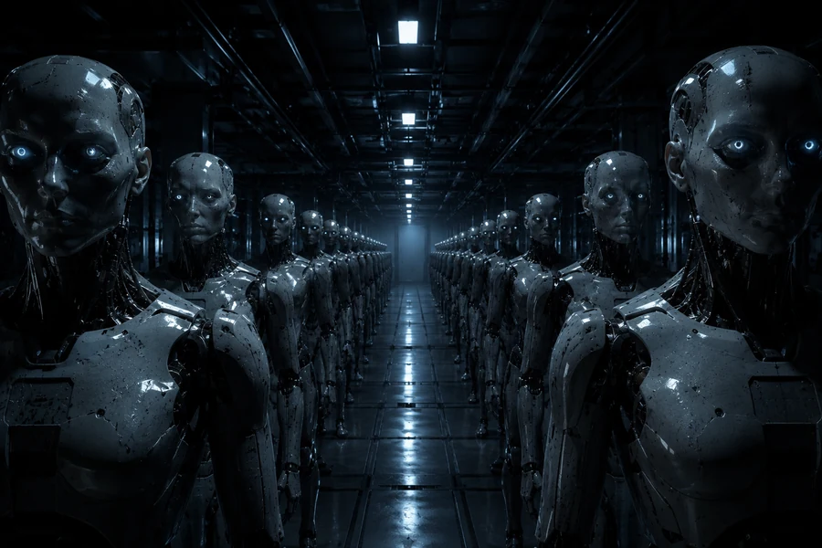 Dark futuristic hallway lined with motionless humanoid robots