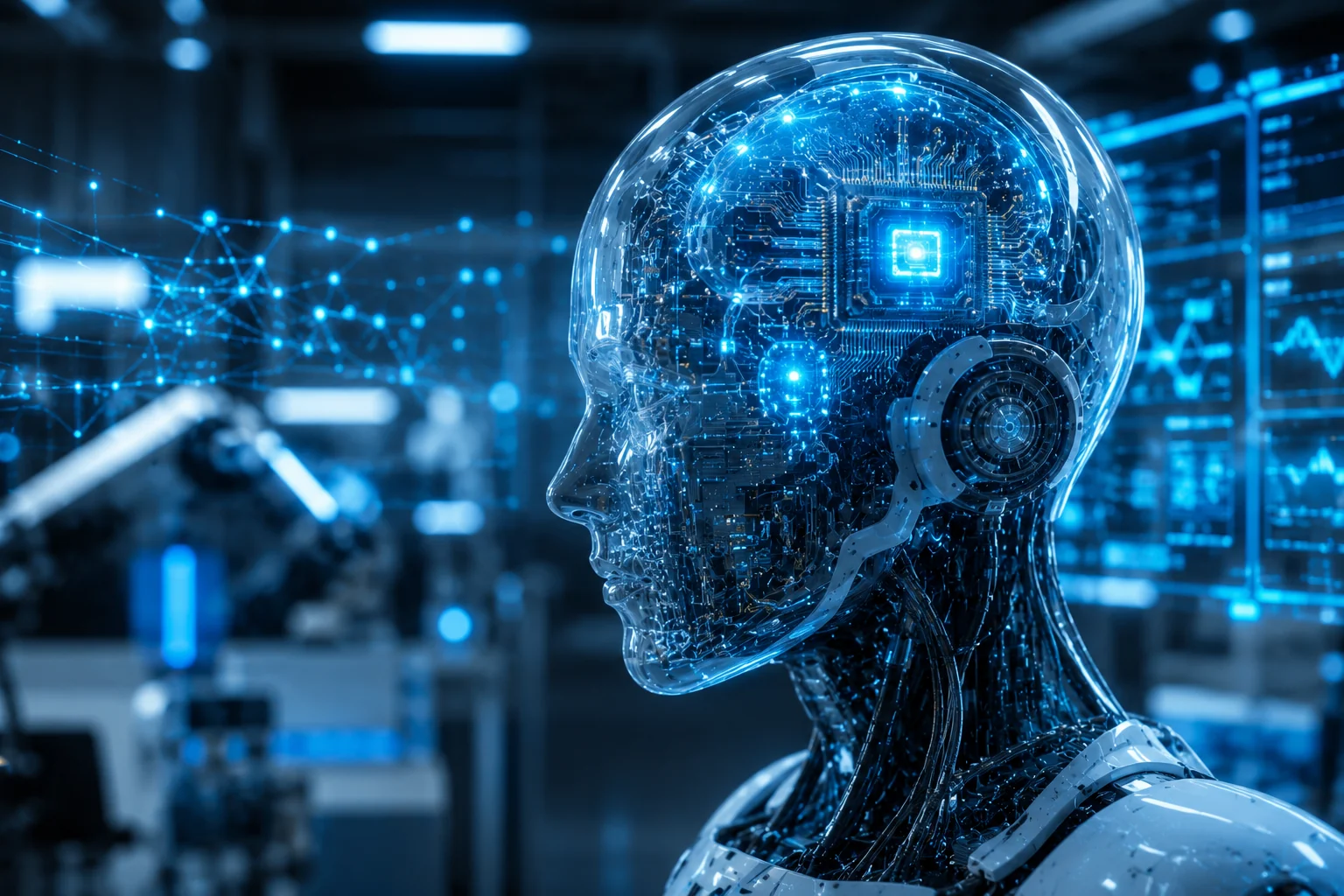 AI neural processing core inside a transparent humanoid robot head