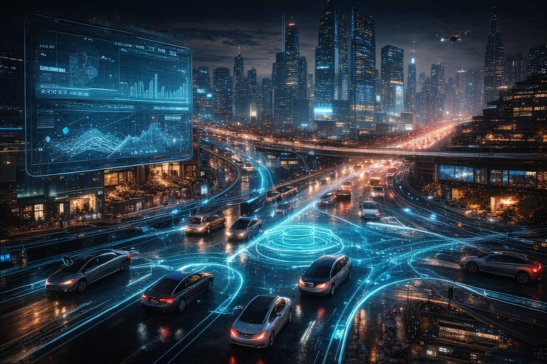Photoreal AI traffic control system managing a futuristic smart city intersection