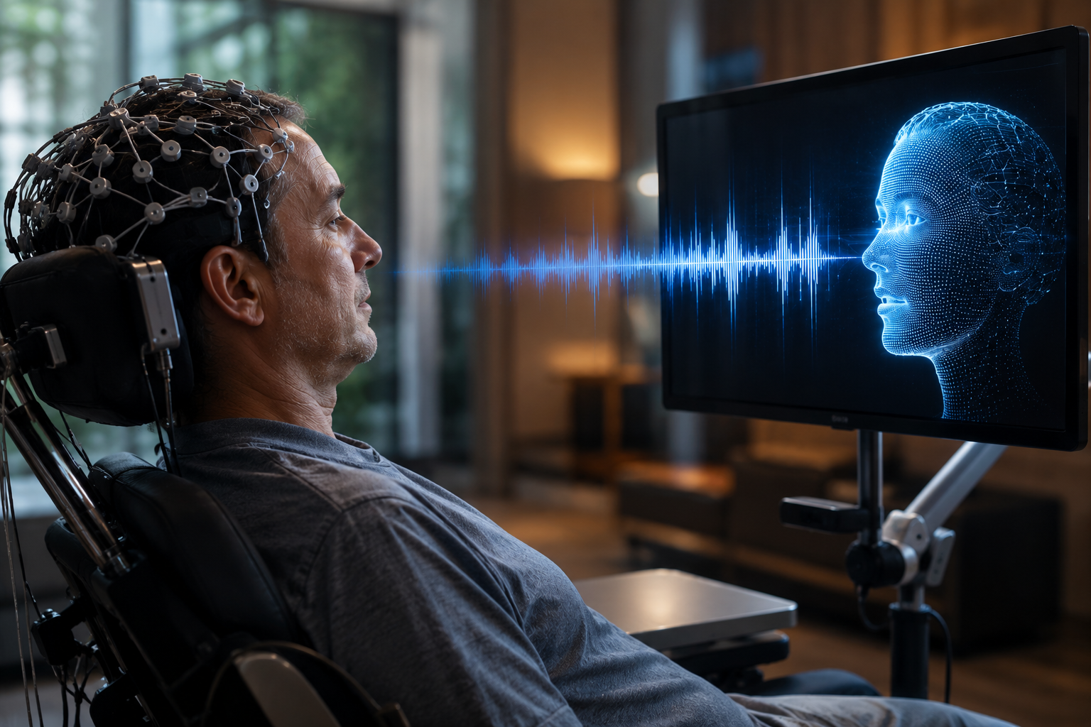 ALS patient using a brain-computer interface for AI-generated speech