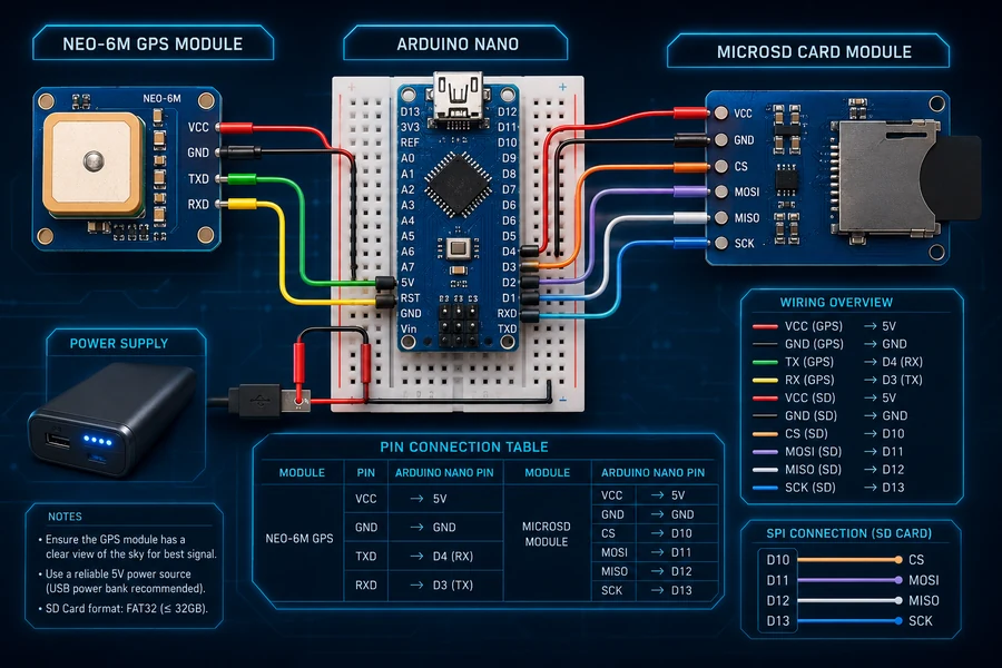 Arduino GPS tracker wiring diagram with NEO-6M GPS and MicroSD card module
