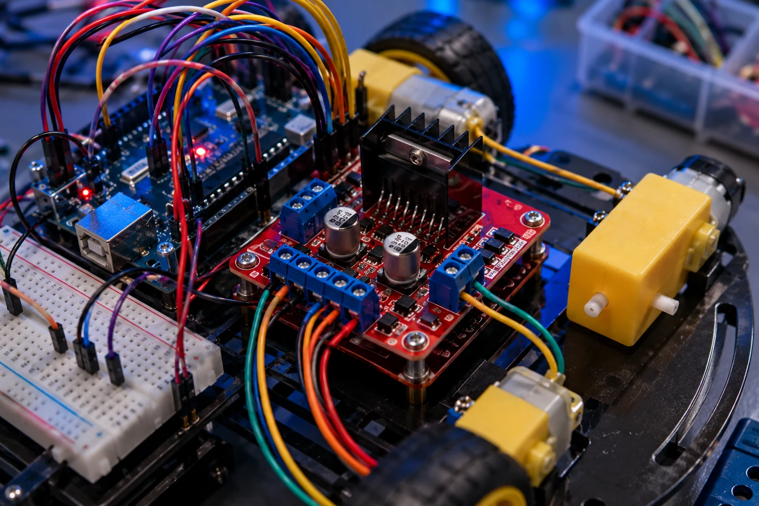 Close-up of L298N motor driver wiring