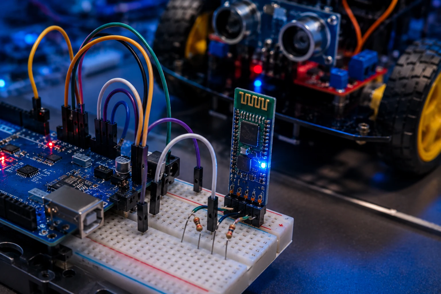 Close-up of HC-05 Bluetooth module wiring