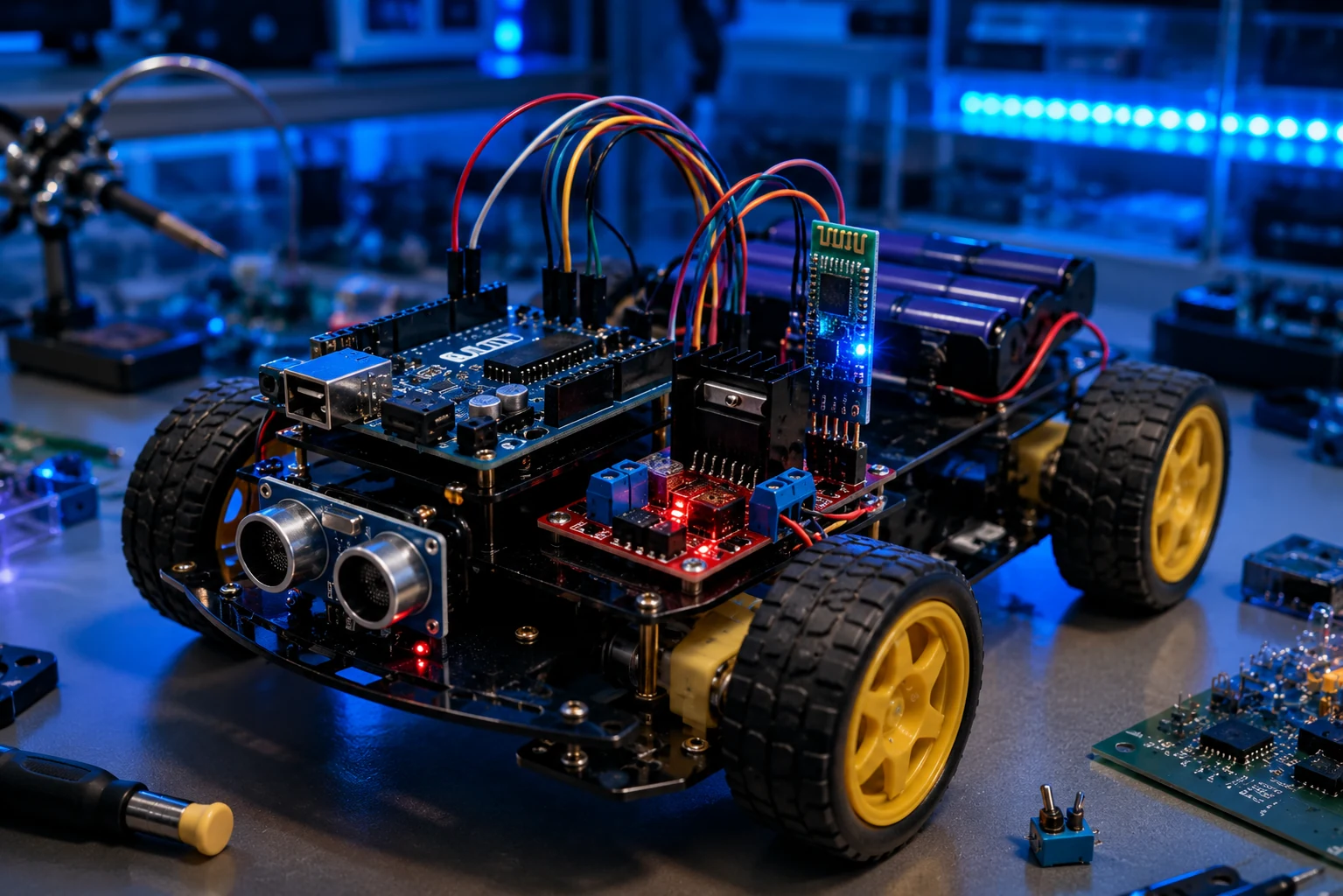 Arduino Bluetooth robot car on electronics workbench