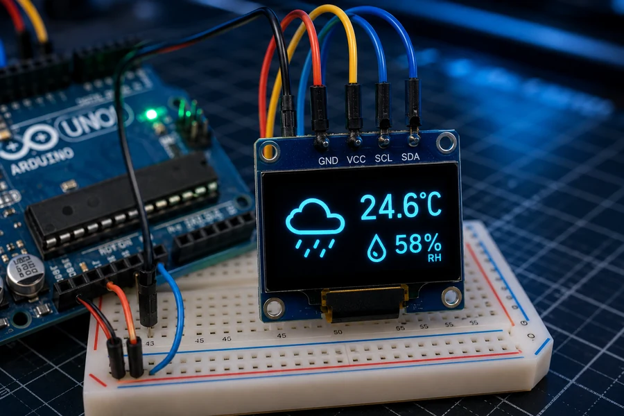 Close-up Arduino OLED I2C display wiring