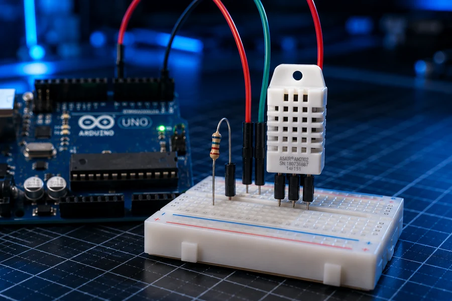 Close-up DHT22 sensor wired to Arduino