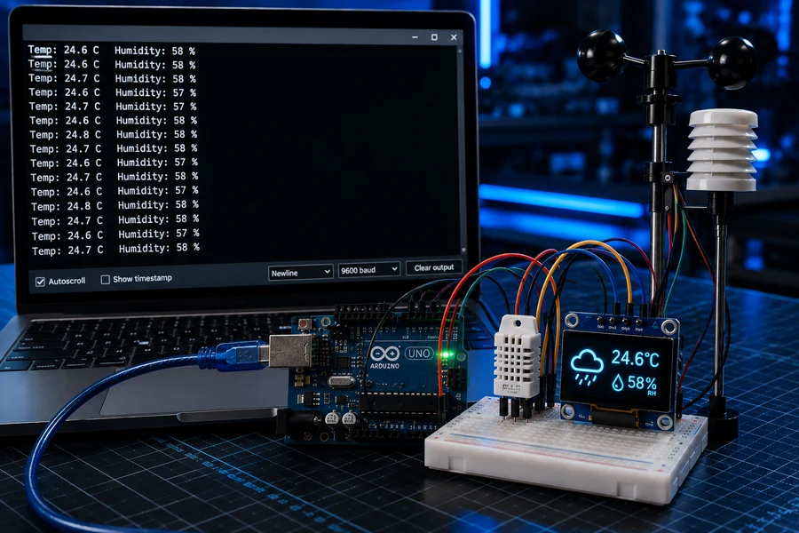 Arduino weather station connected to laptop serial monitor