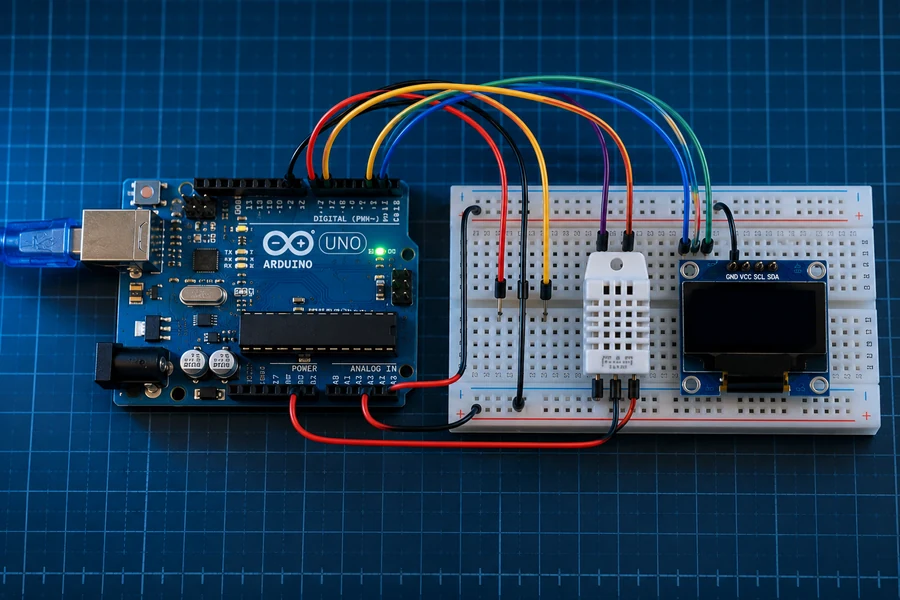 Top-down Arduino weather station wiring layout