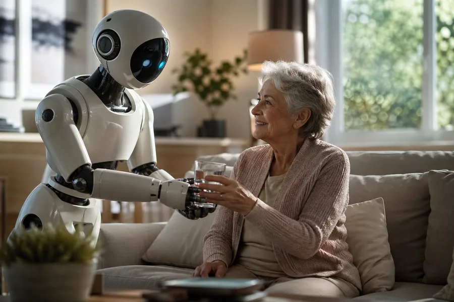 Friendly home assistant robot helping an elderly person in a modern living room