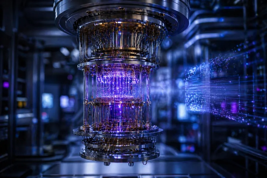 Futuristic quantum computing core with glowing qubit lattice