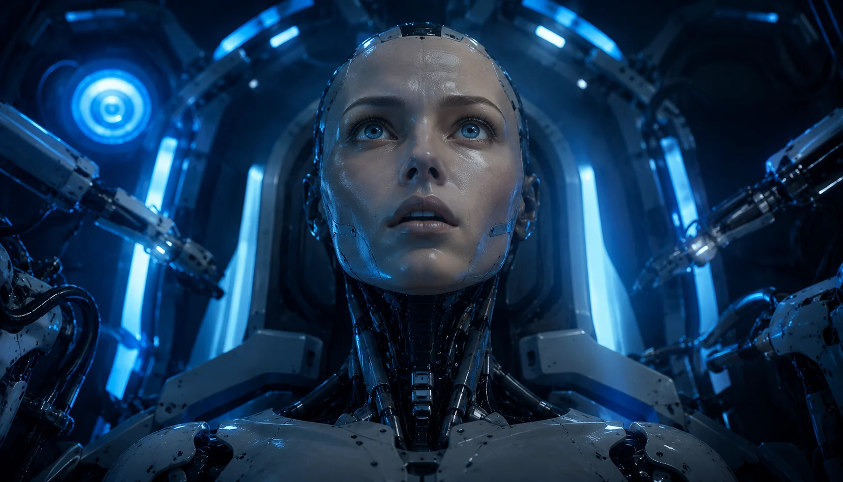 Newly activated artificial human opening its eyes in a robotics chamber
