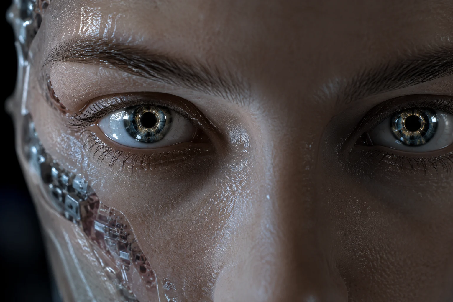 Close-up of humanoid robot eyes with synthetic skin and cybernetic details