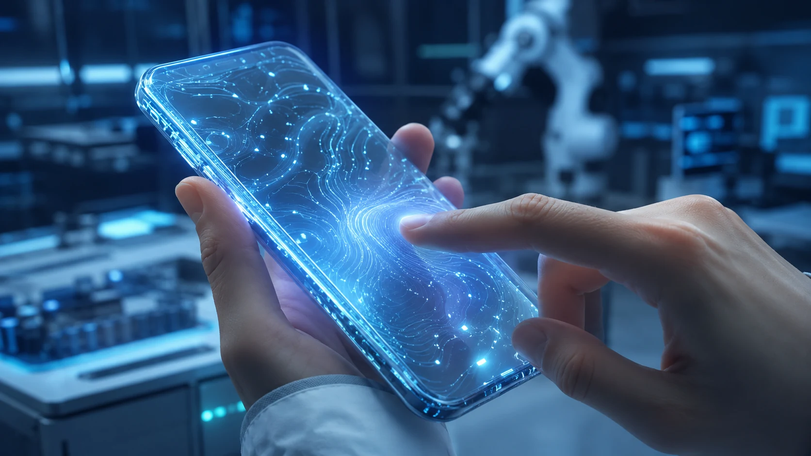 Artificial skin-like touch interface glowing on a futuristic smartphone