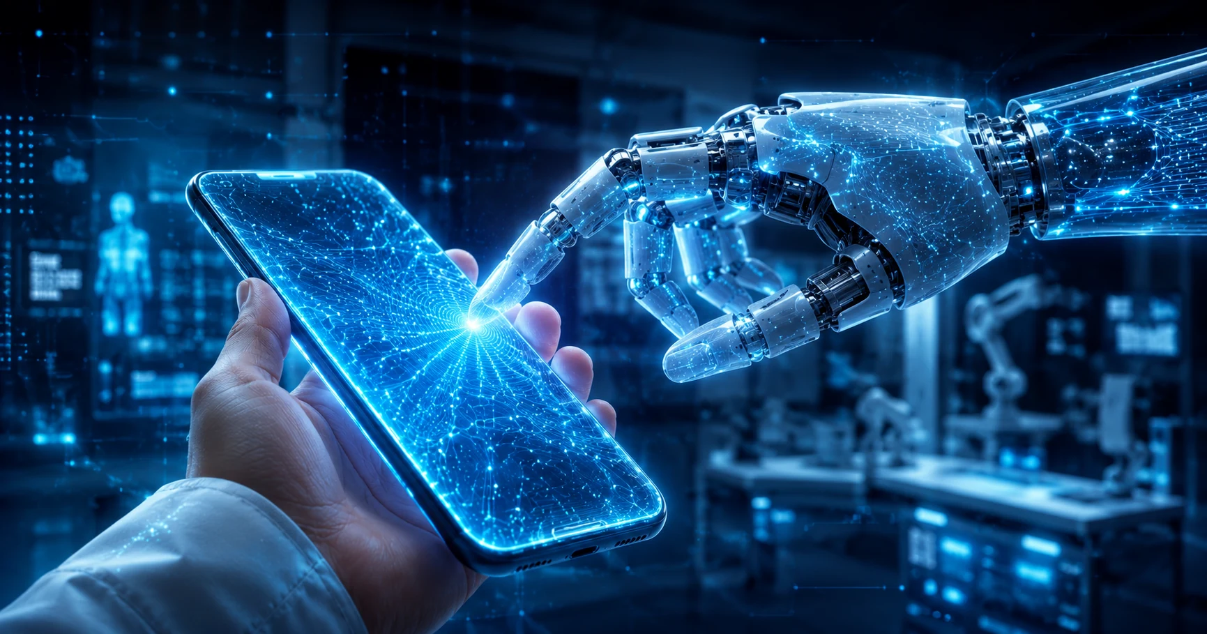 Artificial skin interface technology integrated into a futuristic smartphone and robotic hand