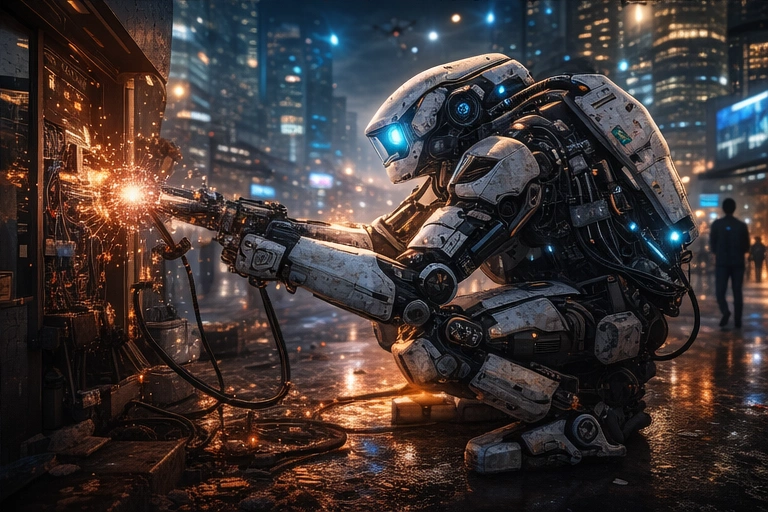 Photoreal city maintenance robot servicing futuristic urban infrastructure
