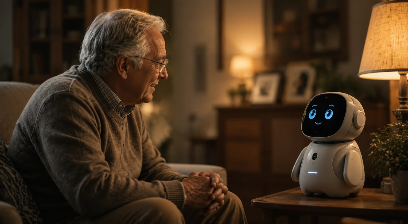 Small companion robot talking with an elderly man in a cozy home