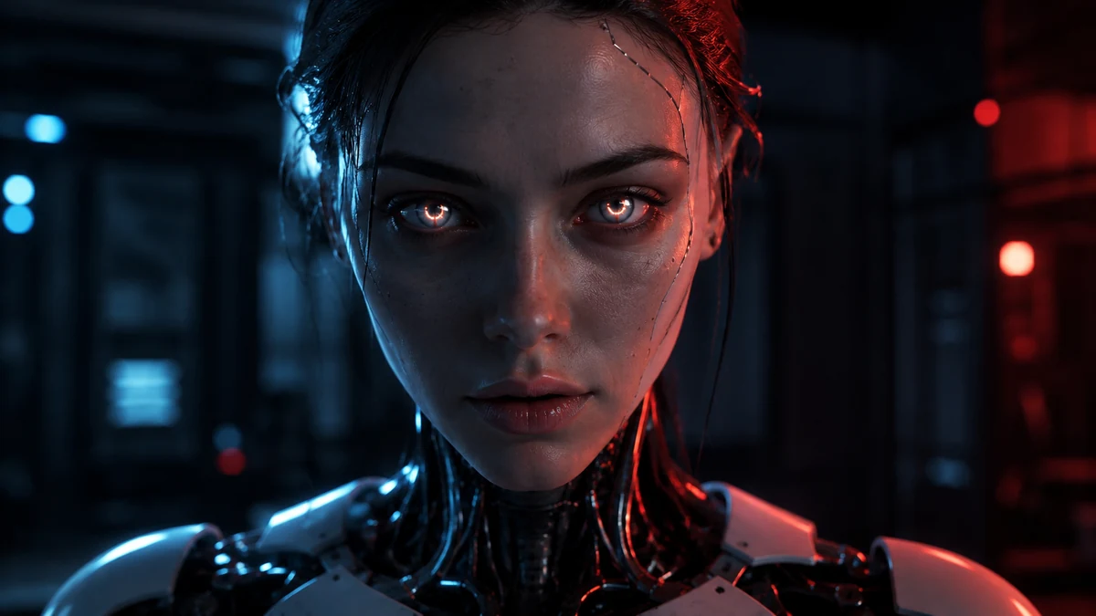 Ultra realistic humanoid AI robot staring into the camera with glowing eyes