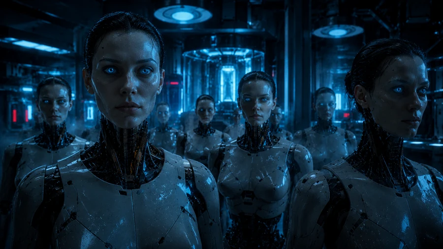 Multiple android robots standing in a futuristic lab