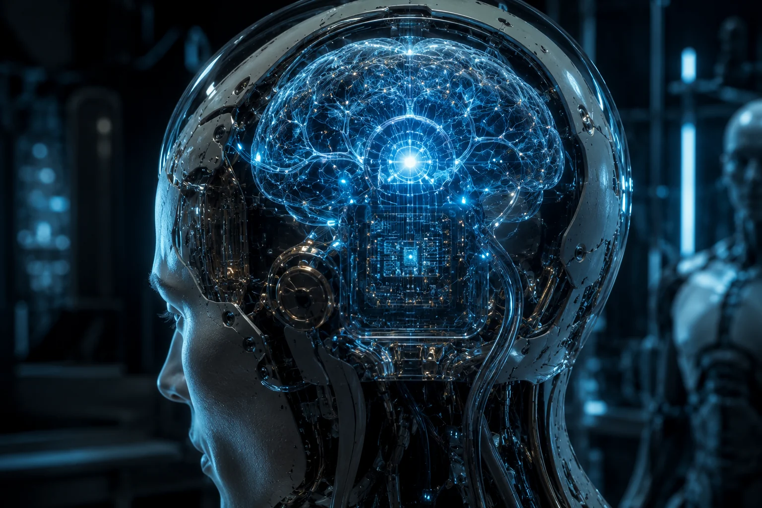 AI brain core glowing inside a humanoid robot head