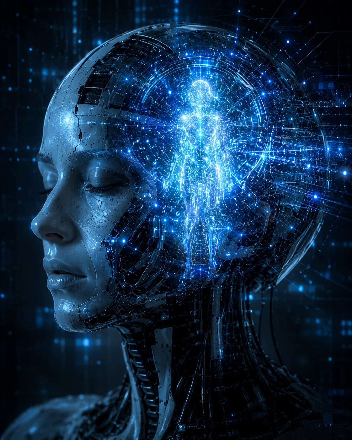 Artificial consciousness visualization glowing inside a humanoid robot mind