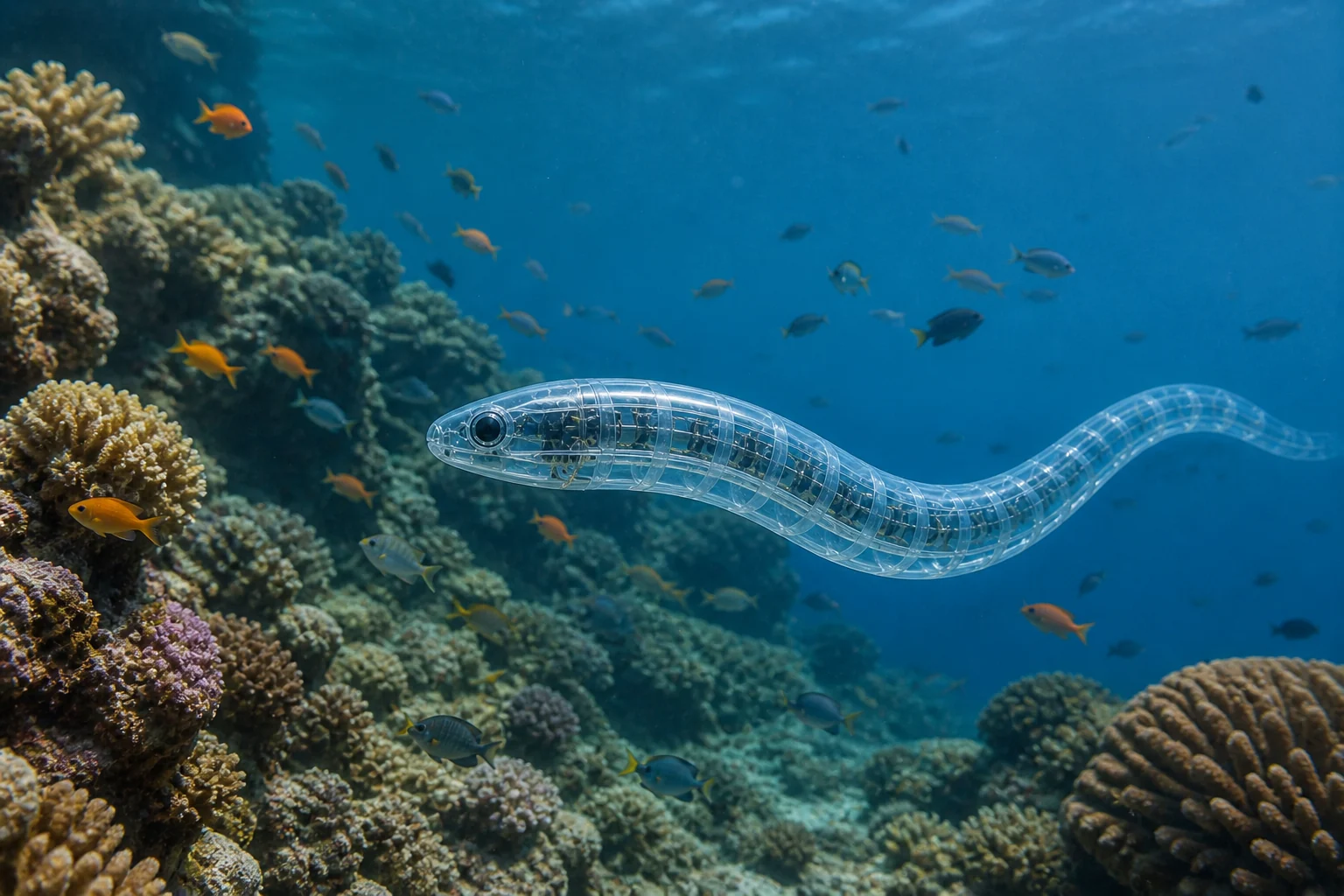 Transparent eel-like robot gliding near coral and fish for ocean research