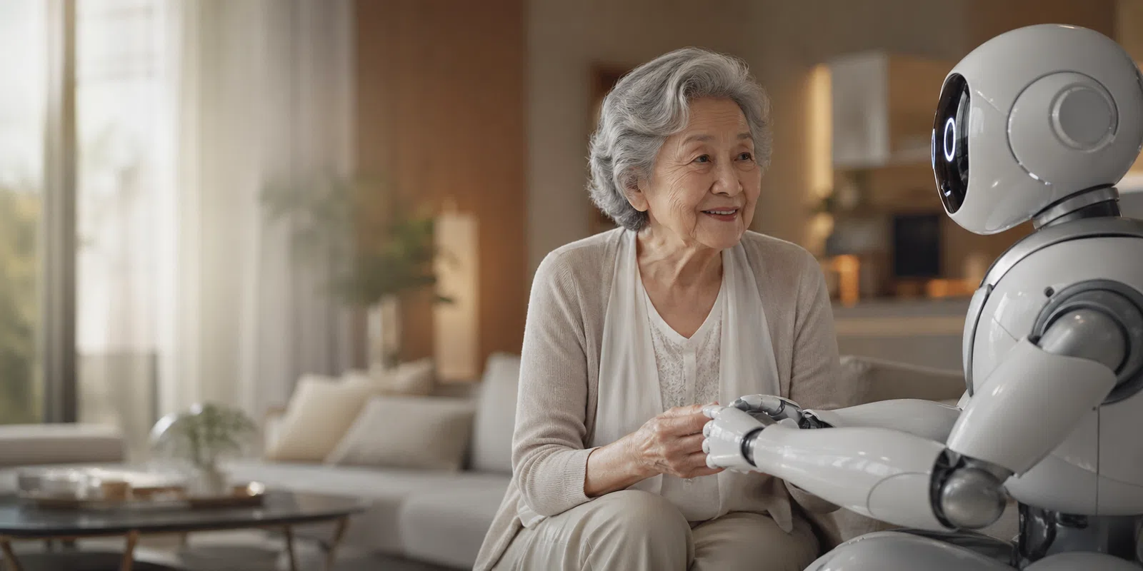 Friendly elder care robot helping an elderly woman in a warm home