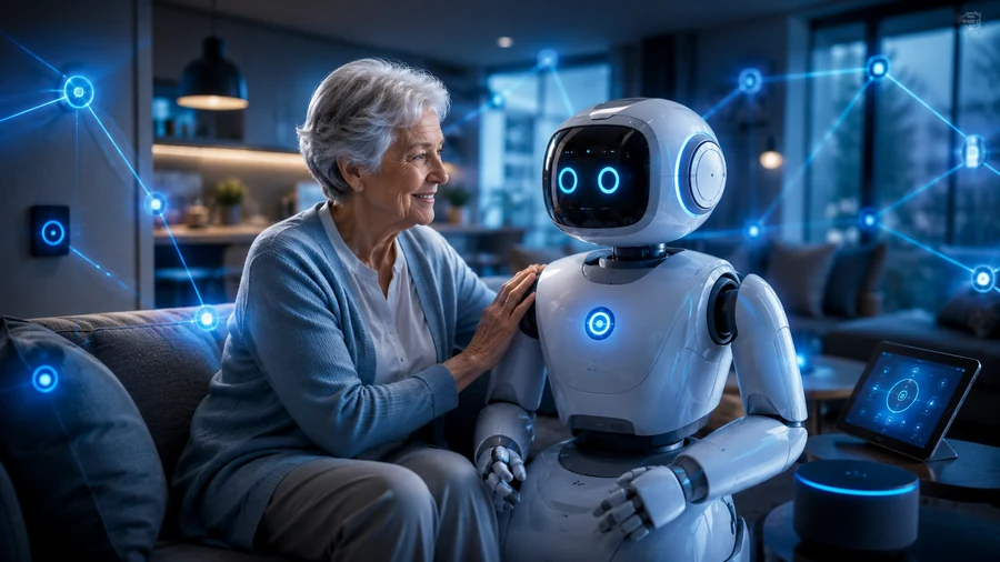 Video thumbnail showing an elder-care robot in a smart home