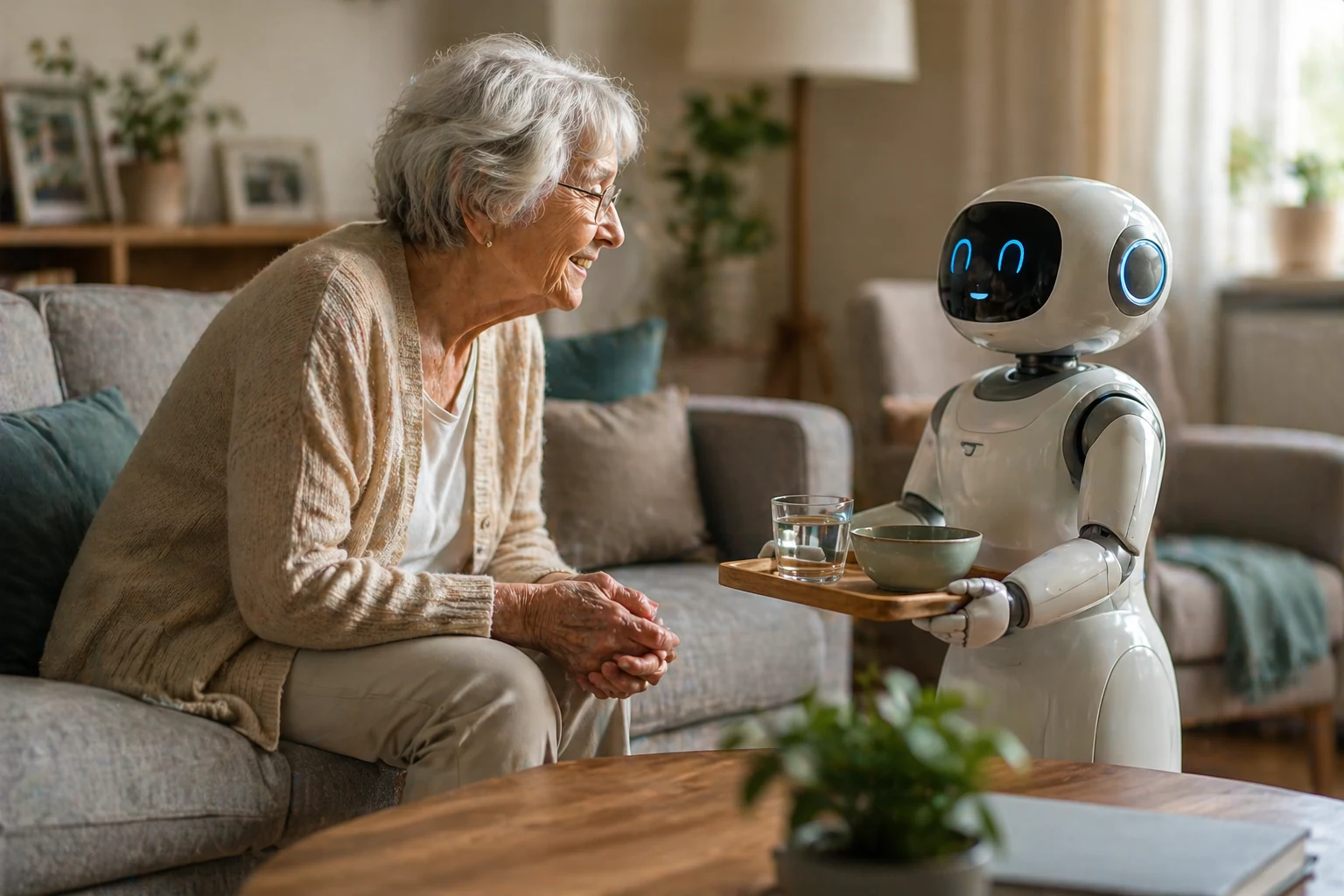 Elder care robot helping a senior citizen at home