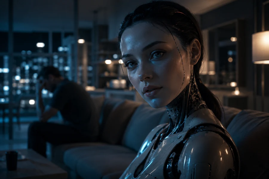 Emotional AI companion robot sitting in a modern apartment beside a human silhouette