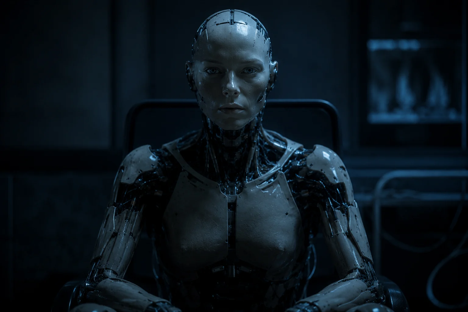 Humanoid robot sitting silently in a dark room staring forward