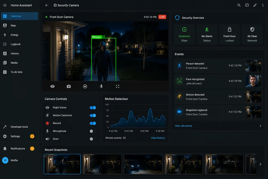 Home Assistant dashboard showing front door camera security events