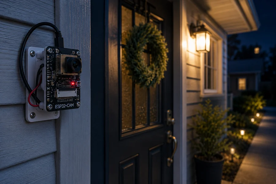 ESP32-CAM mounted beside a front door at night