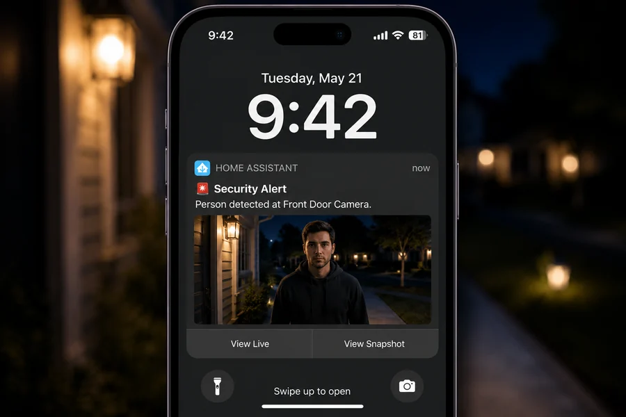 Phone notification from Home Assistant showing ESP32-CAM front door snapshot