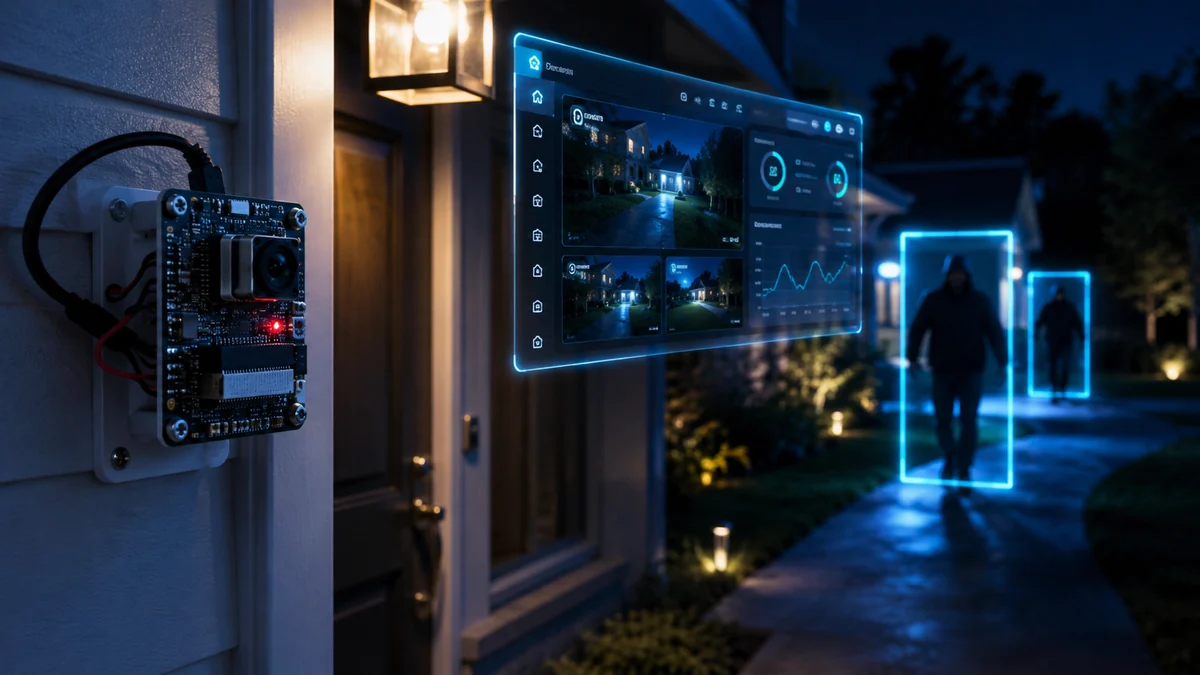 ESP32-CAM security camera watching a front door with AI detection boxes and a Home Assistant dashboard