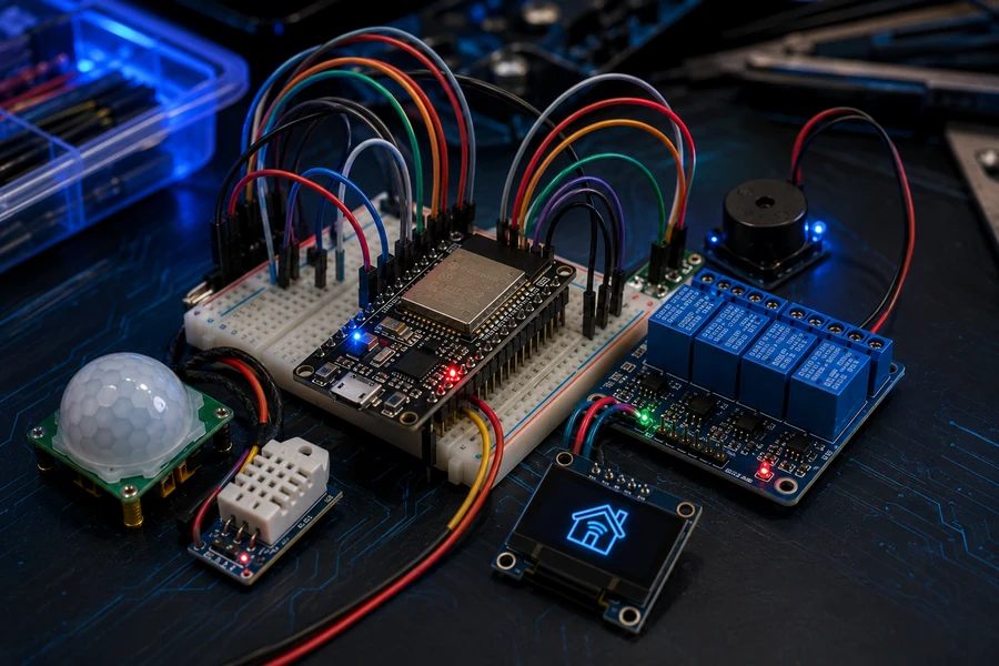 ESP32 wiring closeup for smart home hub