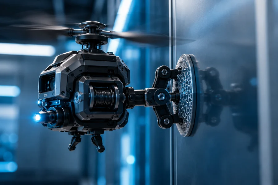 Close-up of a FlyCroTug robot using gecko-inspired adhesive pad on a glass wall