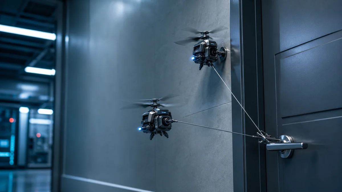 Two tiny FlyCroTug robots hovering near a closed door and pulling a cable toward the handle
