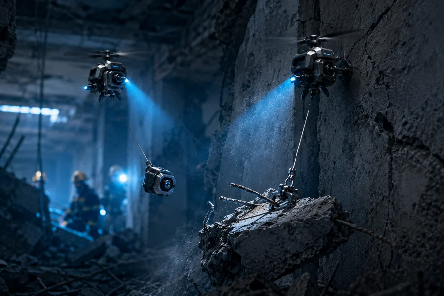 FlyCroTug rescue concept showing tiny flying robots moving a camera and pulling light debris