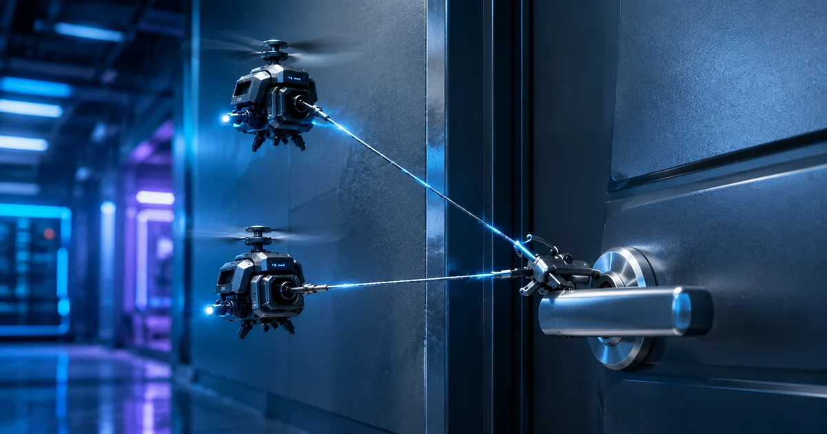 FlyCroTug tiny flying tugging robots pulling open a door handle