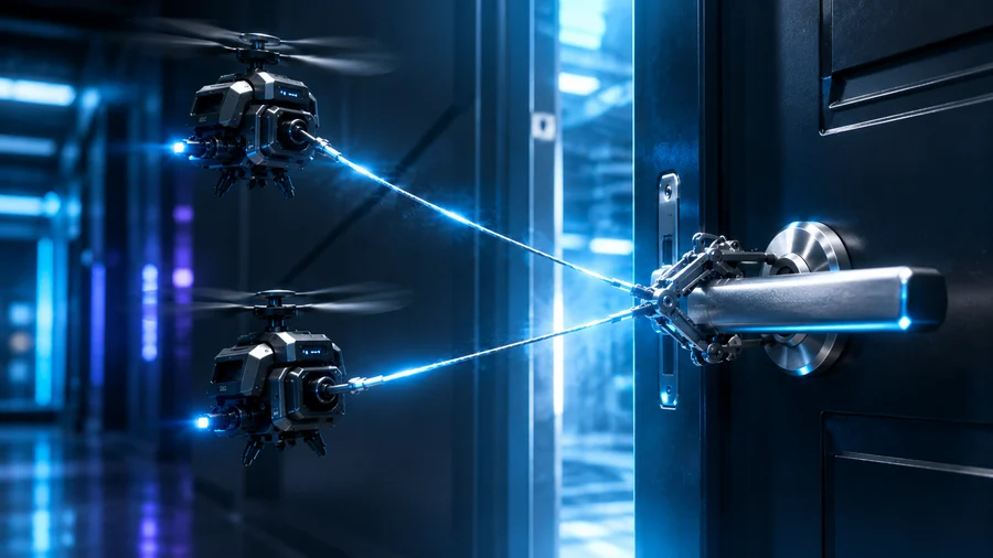 Video thumbnail of two tiny flying tugging robots opening a door with cables