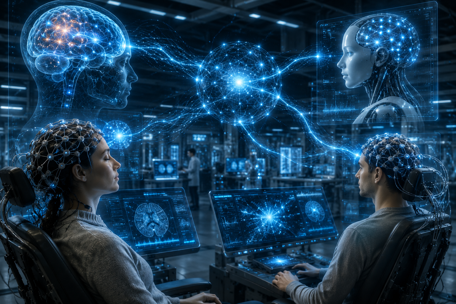 Future brain-computer interface network connecting humans with AI systems