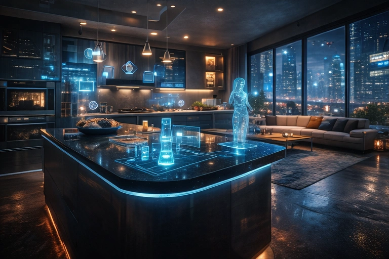 Photoreal futuristic smart home interior with adaptive lighting and intelligent living systems