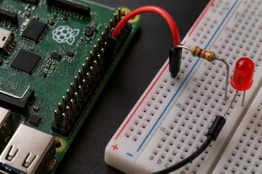 Close-up Raspberry Pi GPIO17 LED resistor connection