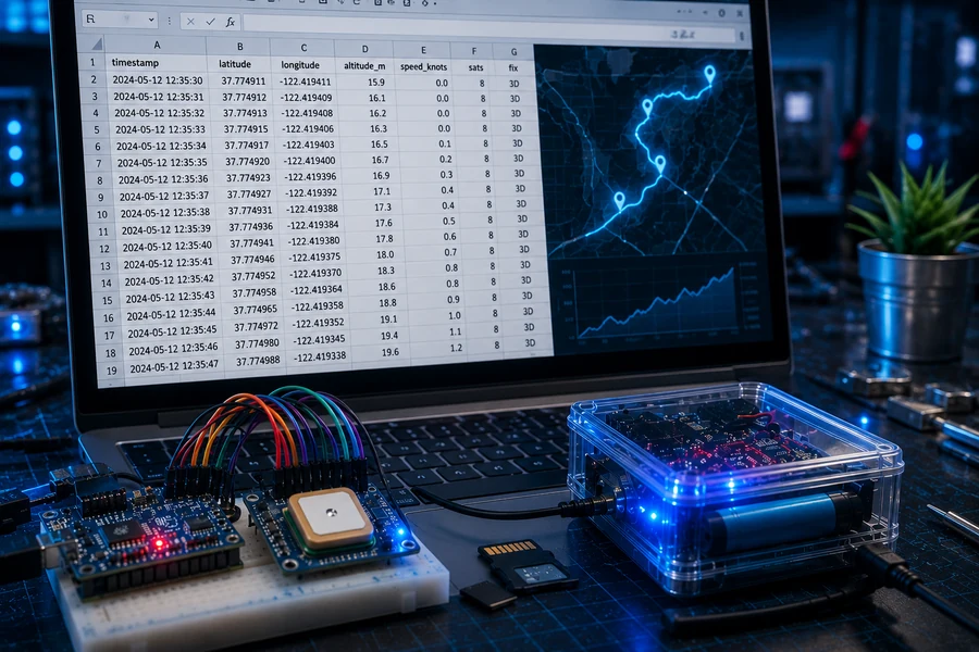 Spreadsheet showing Arduino GPS CSV location logging data