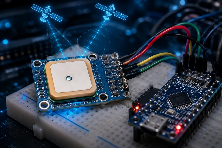 Close-up of NEO-6M GPS module connected to Arduino Nano